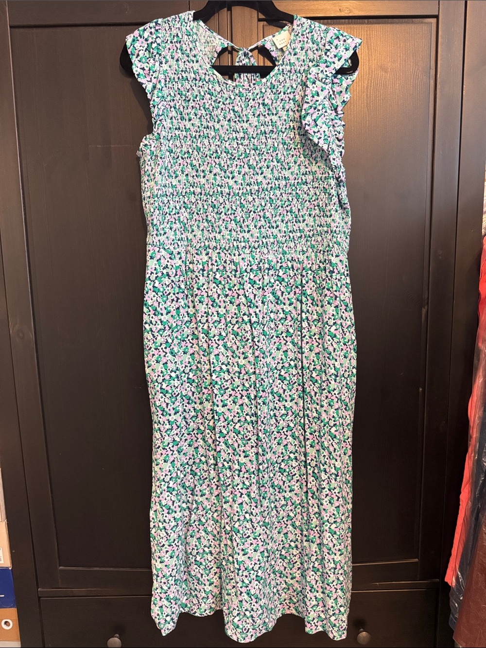 Floral Smocked Midi Dress in Green and White